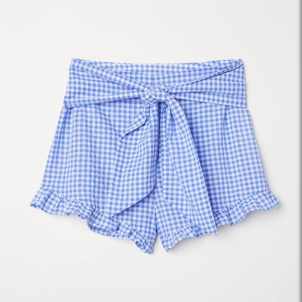 H&M Blue Gingham Women's High Waist Ribbon Ruffle Shorts sz 4